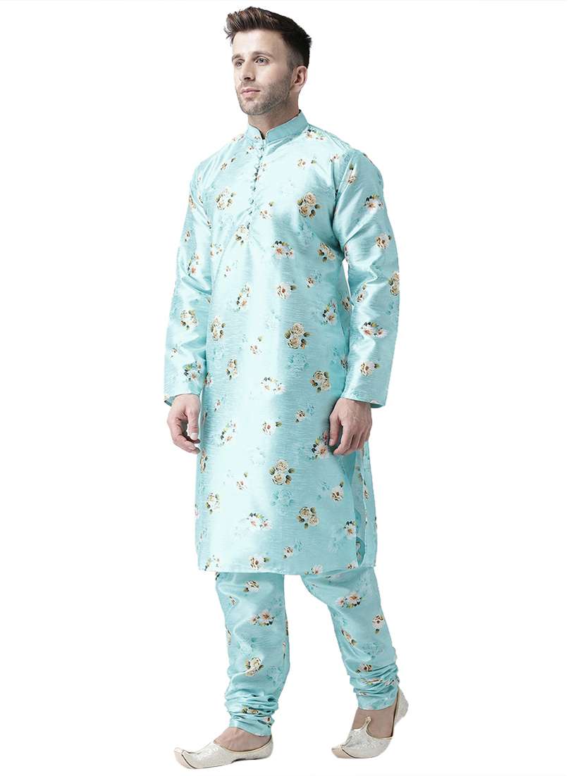 turquoise blue floral print silk blend kurta pyjama set - 17356856 - Standard Image - 2