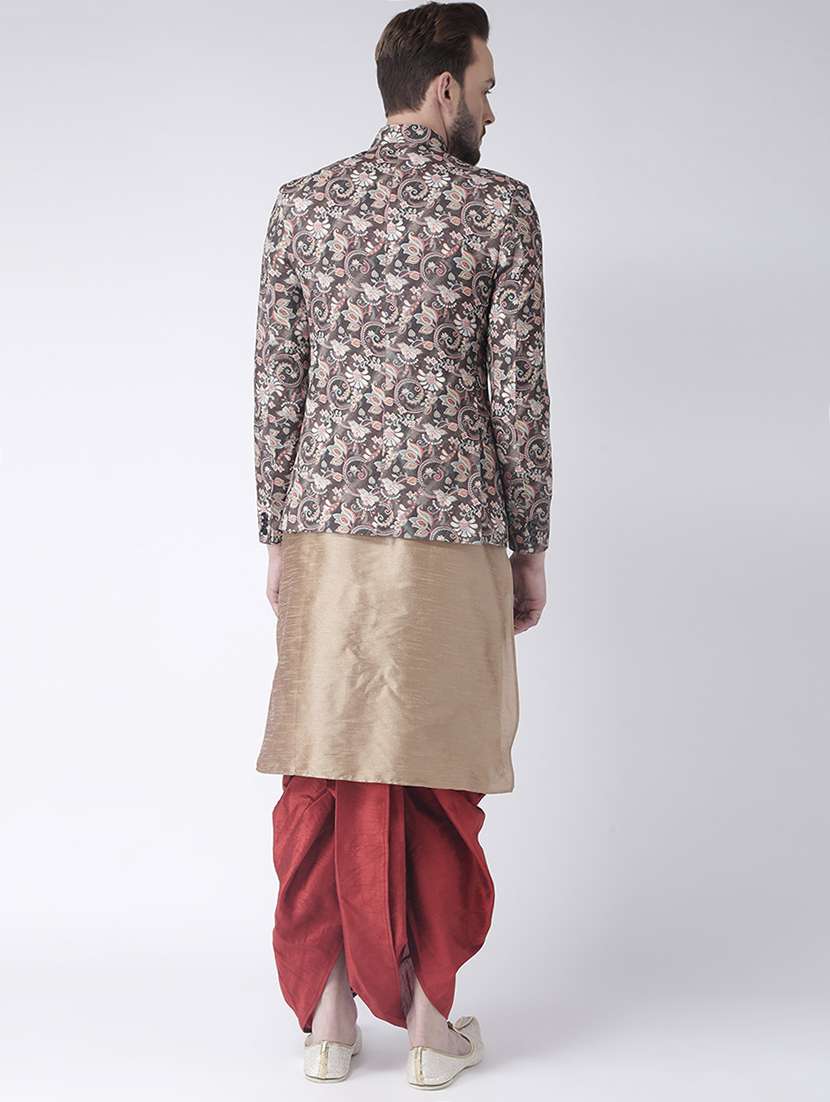 gold solid dhoti kurta set with printed bandhgala jacket - 17356980 -  Standard Image - 2