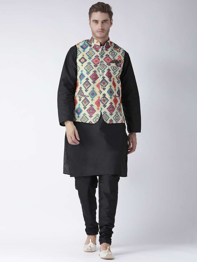 black solid kurta pyjama set with beige printed nehru jacket - 17356989 - Zoom Image - 0