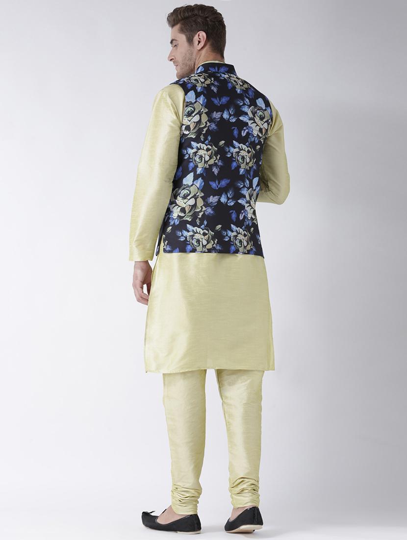 yellow solid kurta pyjama set navy blue printed nehru jacket - 17356998 - Standard Image - 2