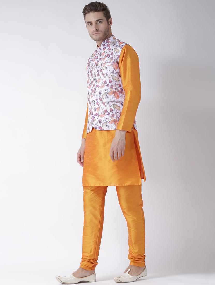 orange solid kurta pyjama set with floral print nehru jacket - 17357033 - Standard Image - 2