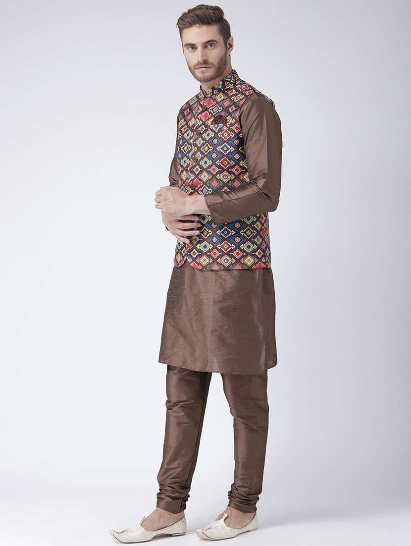 brown solid kurta pyjama set with printed nehru jacket - 17357069 - Standard Image - 2