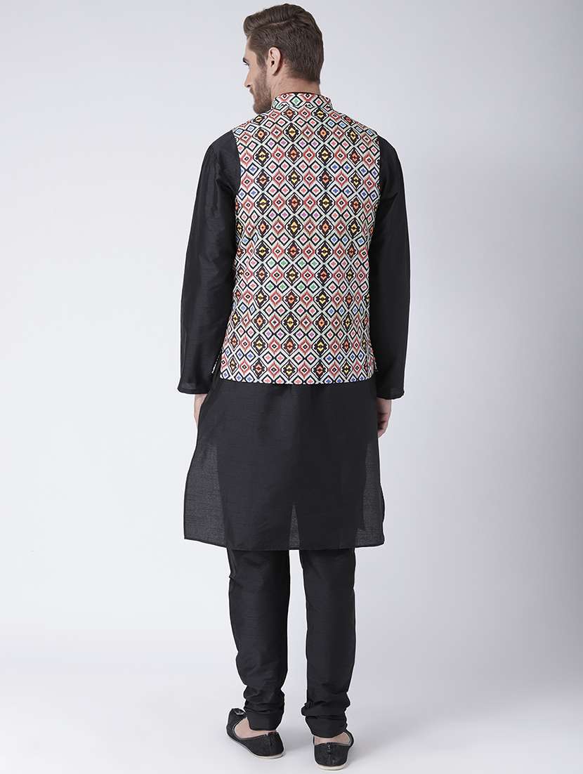 black solid kurta pyjama set with printed nehru jacket - 17357070 - Standard Image - 2