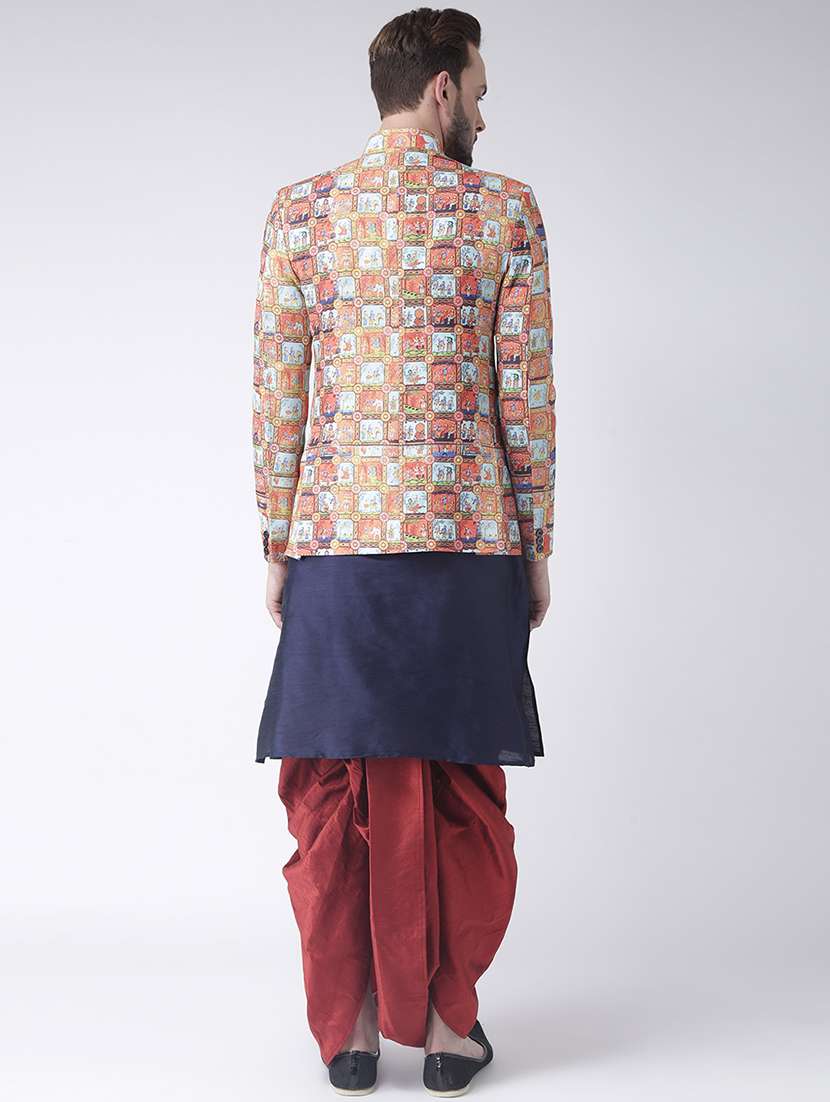 navy blue solid dhoti kurta set multi colored jacquard bandhgala jacket - 17357118 -  Standard Image - 2