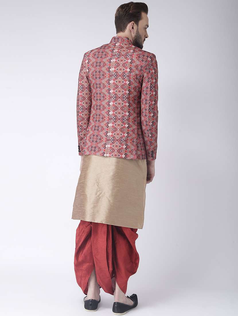 beige solid dhoti kurta set with multi colored jacquard bandhgala jacket  - 17357121 -  Standard Image - 2