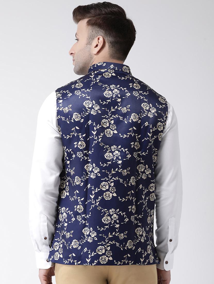navy blue floral print nehru jacket - 17358303 - Standard Image - 2