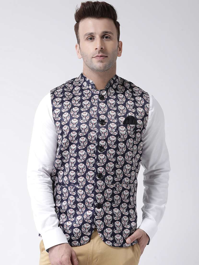 navy blue printed nehru jacket
