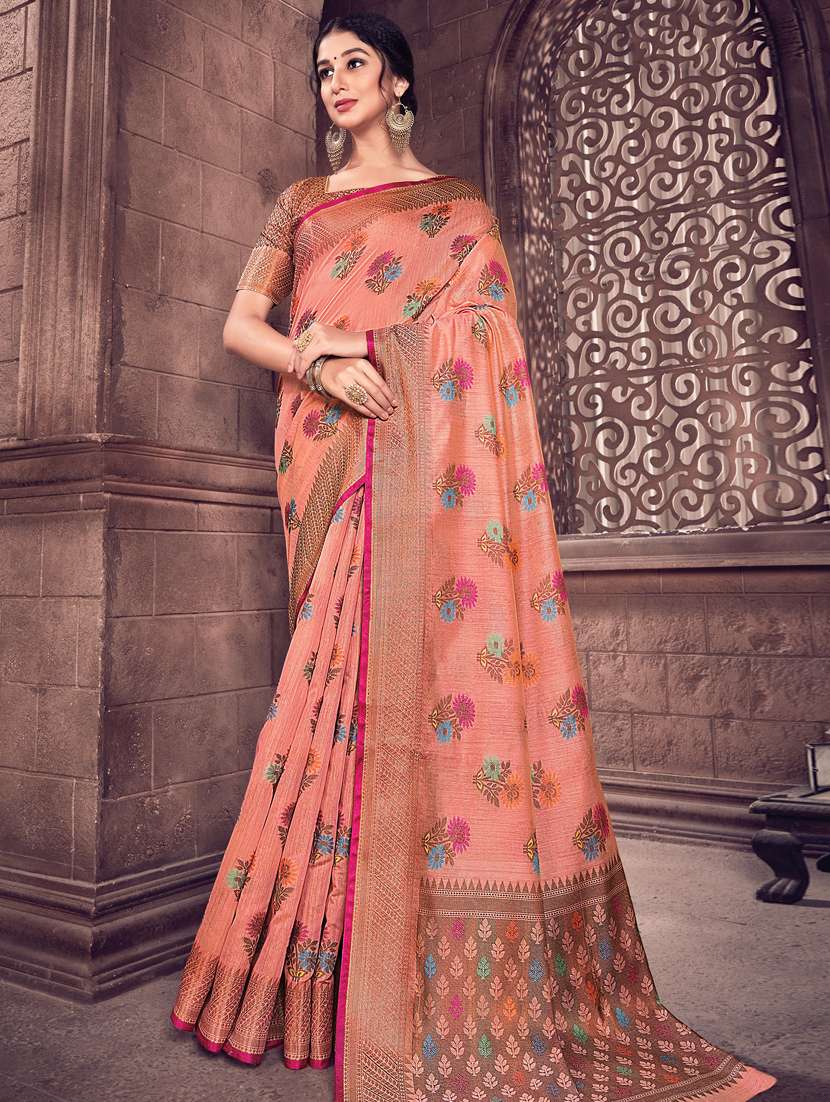 coral floral printed saree