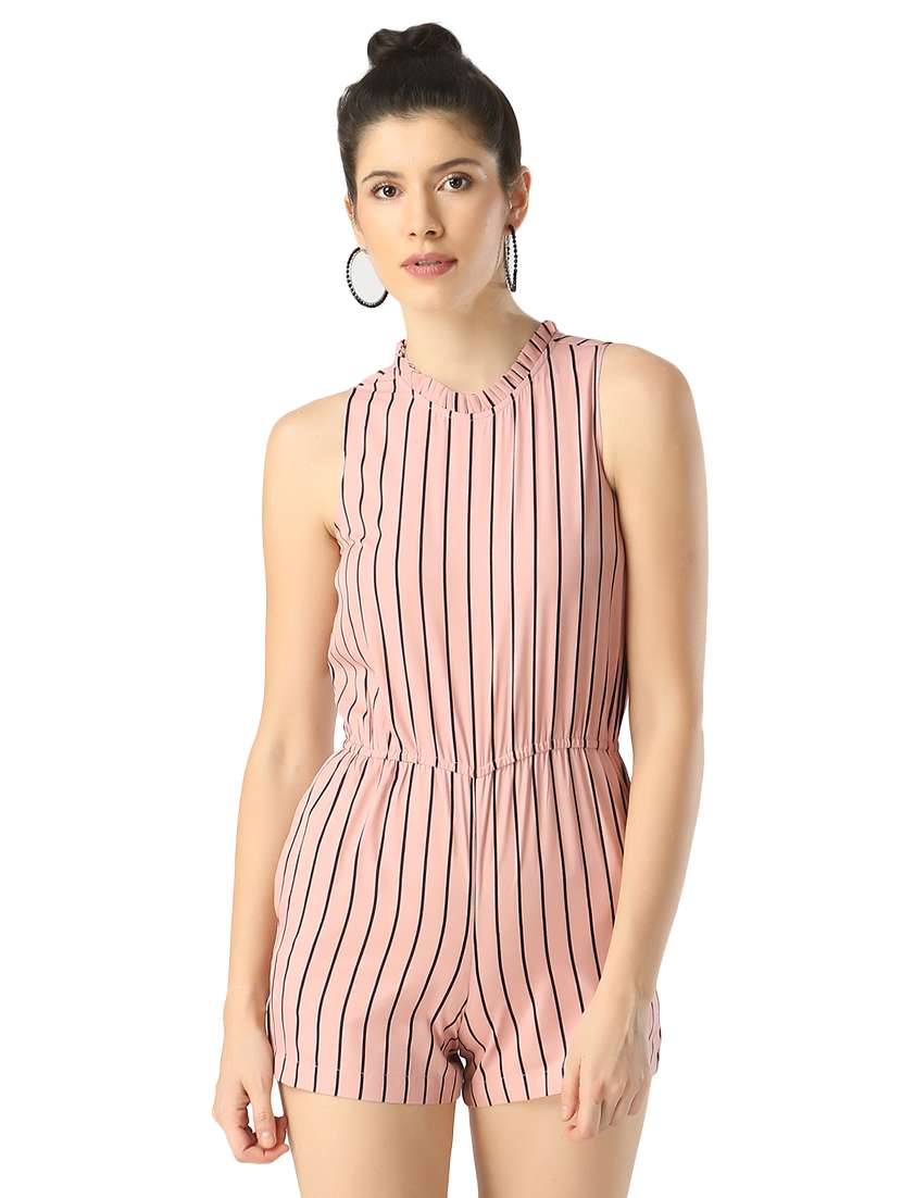 pleated round neck striped romper 