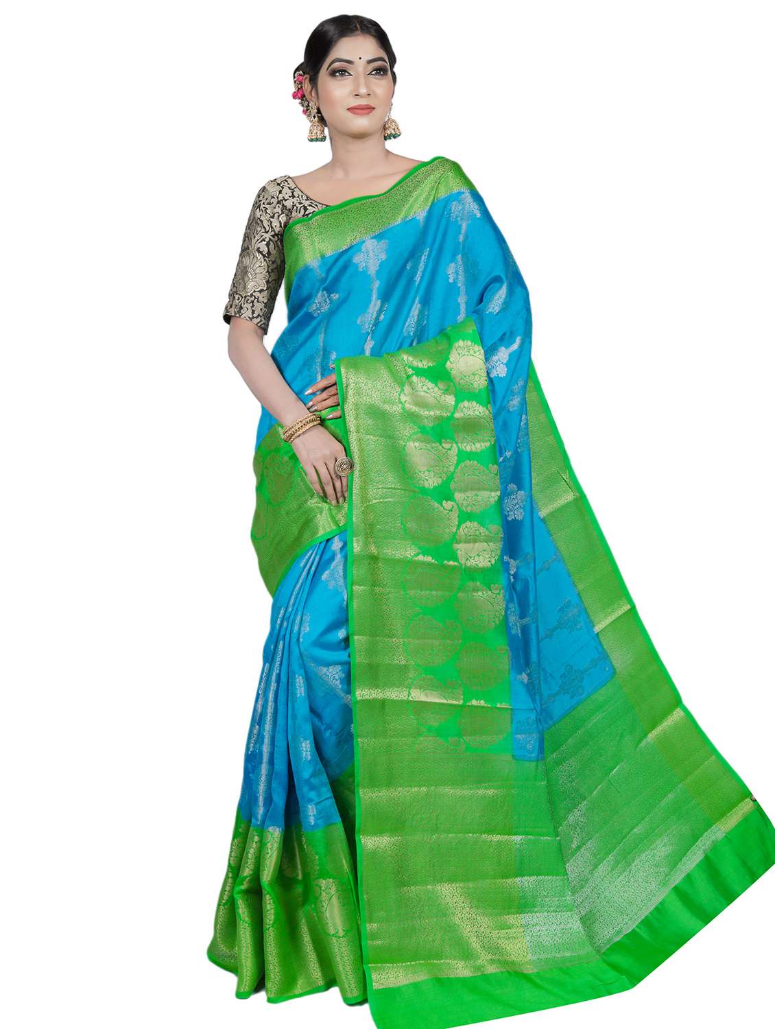 women's self design blue colored saree with blouse