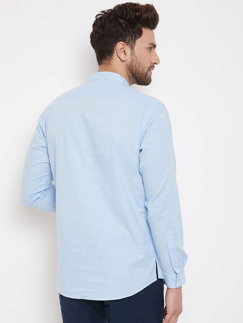 light blue solid linen short kurta - 17376247 - Standard Image - 2