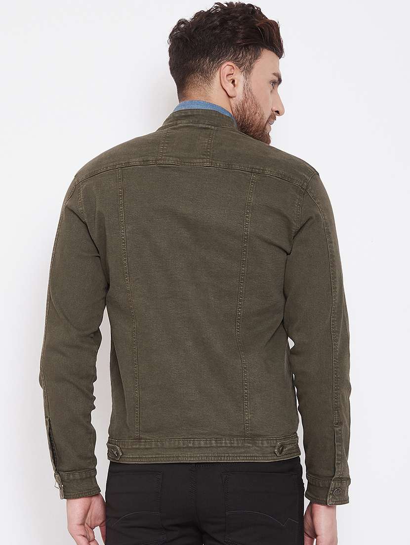olive green solid denim jacket - 17376276 - Standard Image - 2