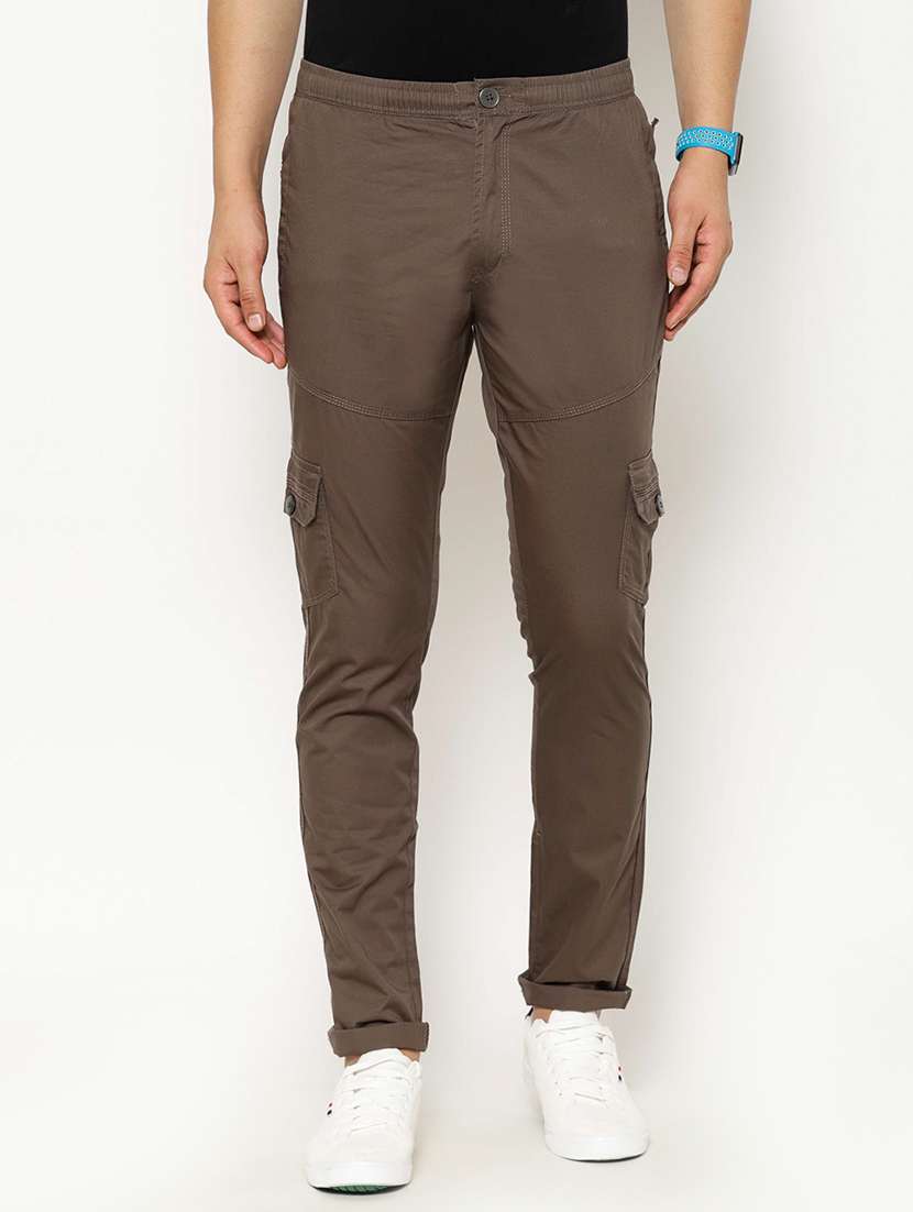 brown solid cargo casual trousers