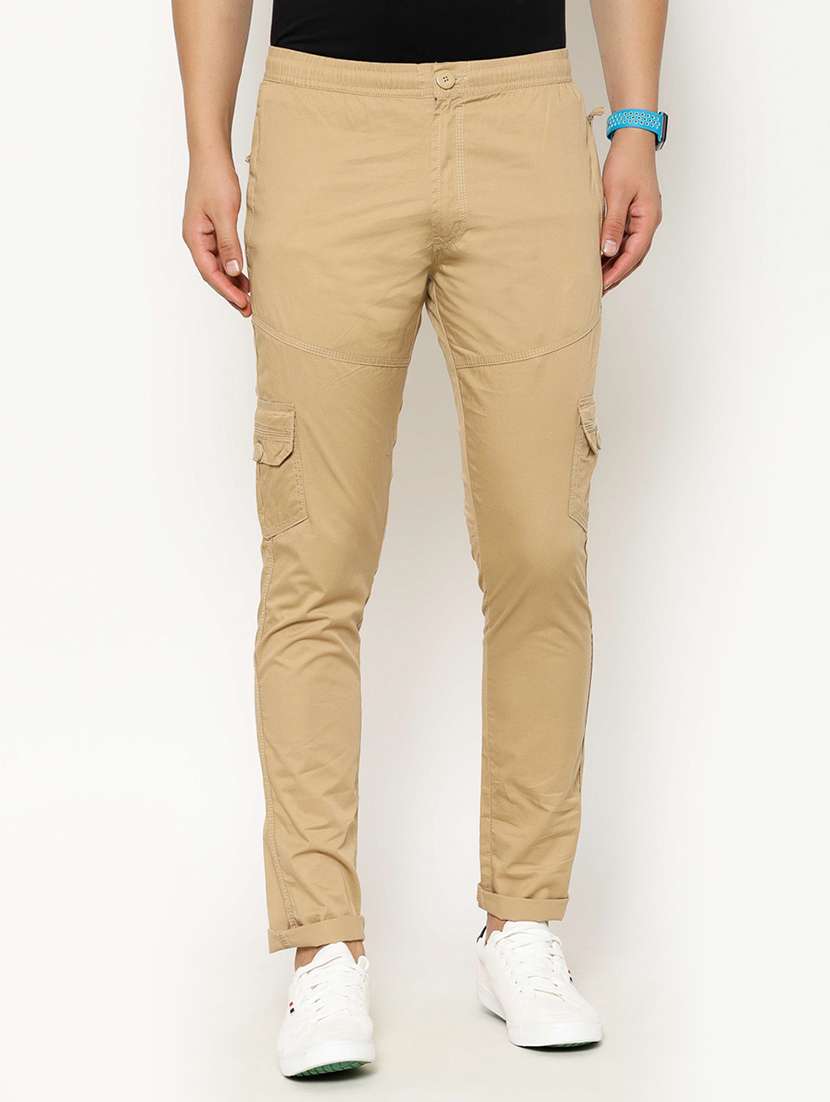 beige solid cargo casual trousers