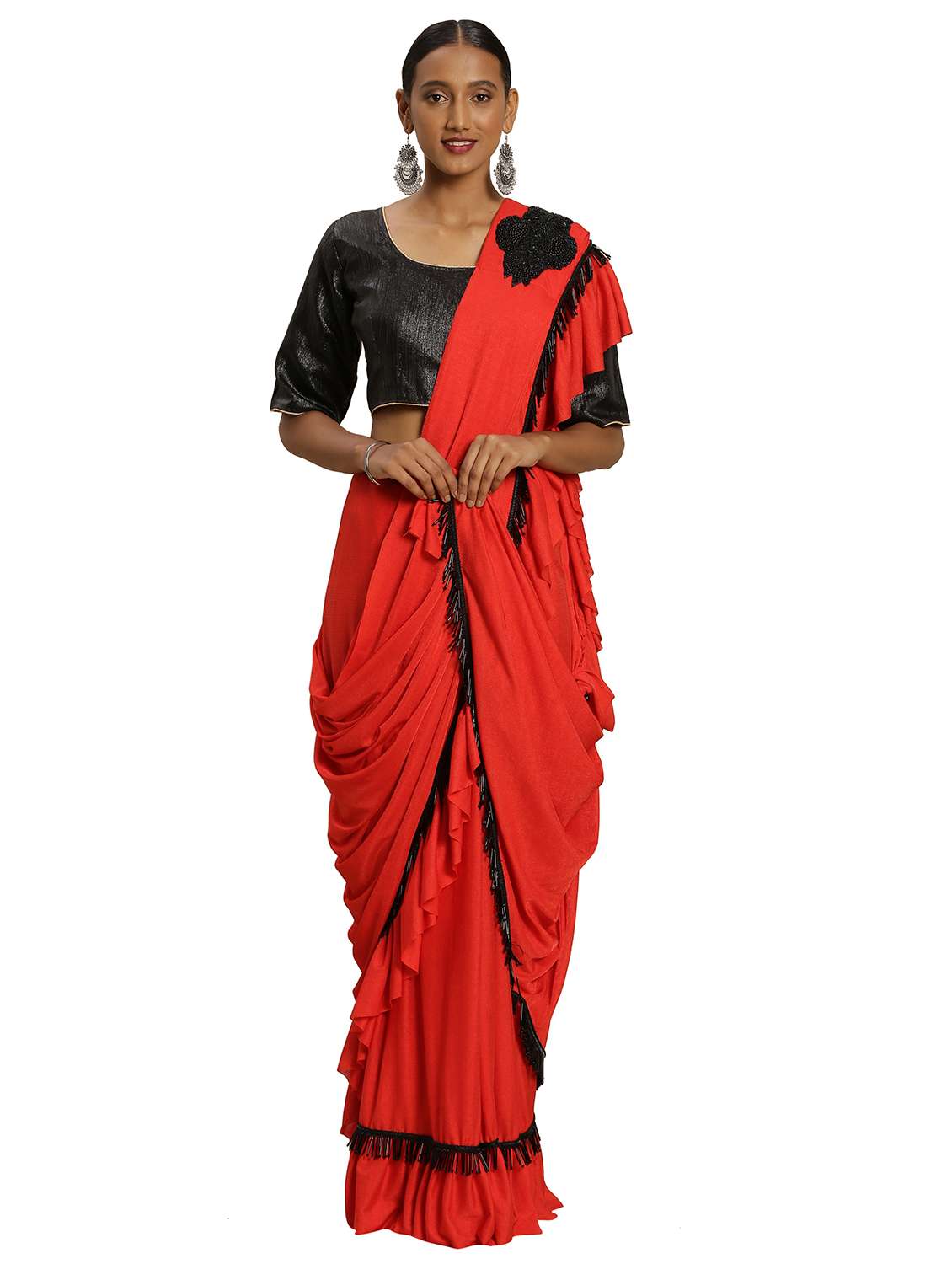 ruffled solid saree with blouse