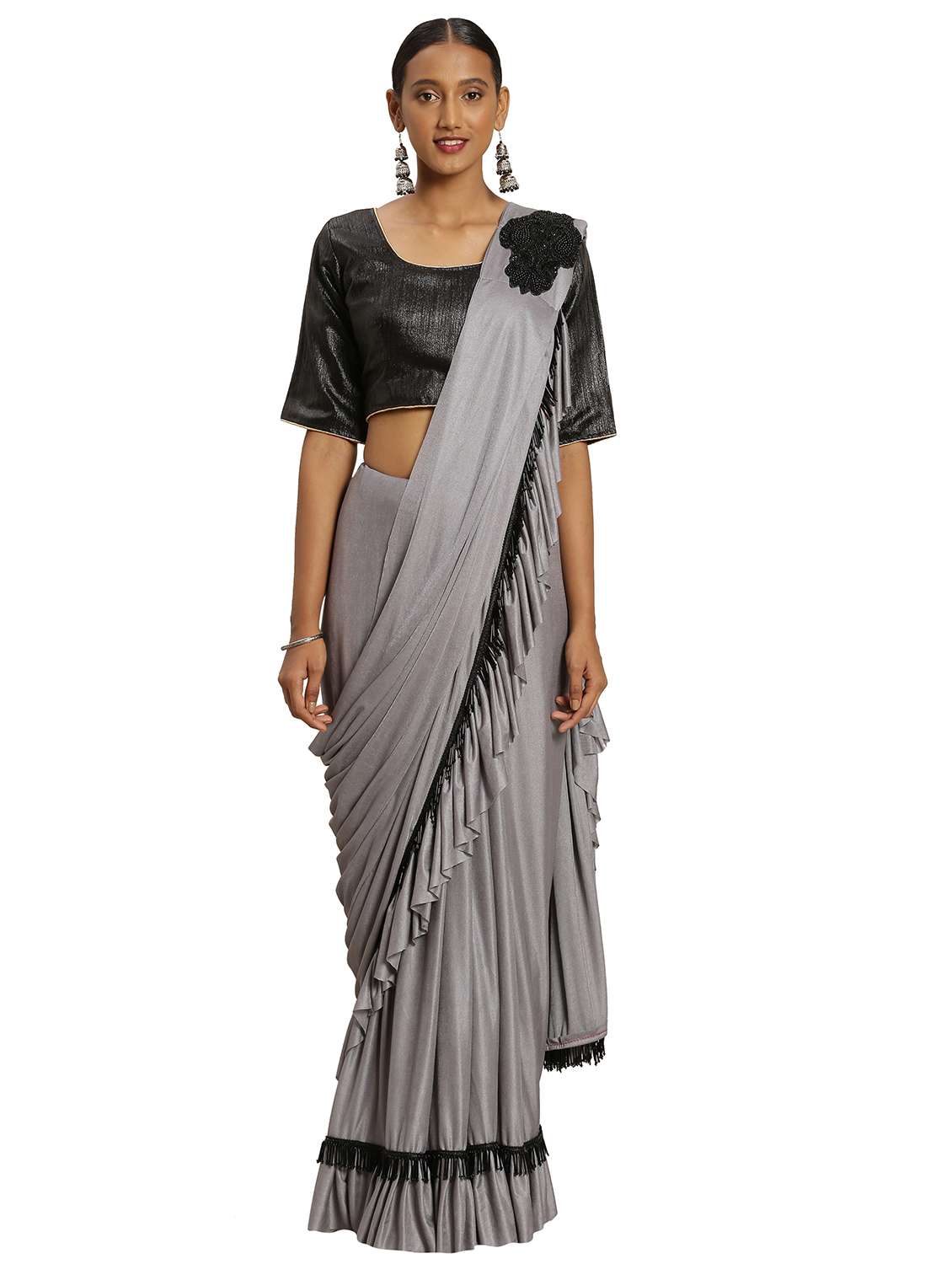 ruffled solid drape saree with blouse