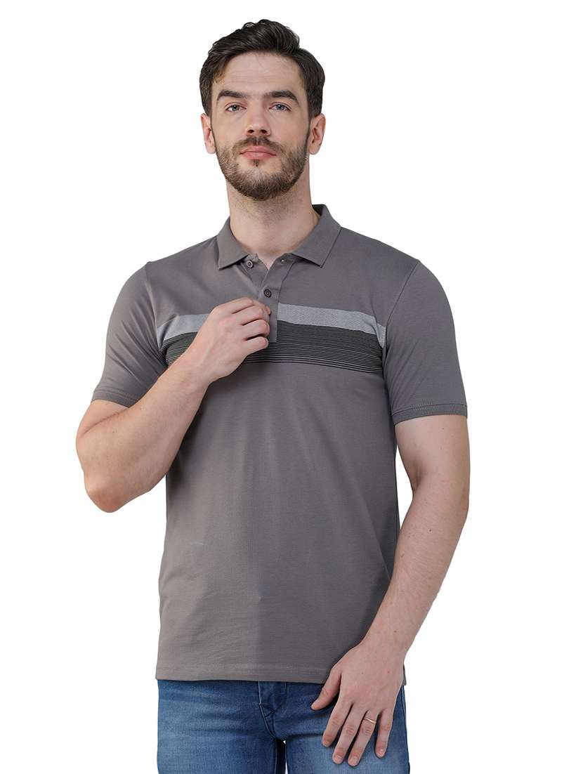 grey striped collared t-shirt