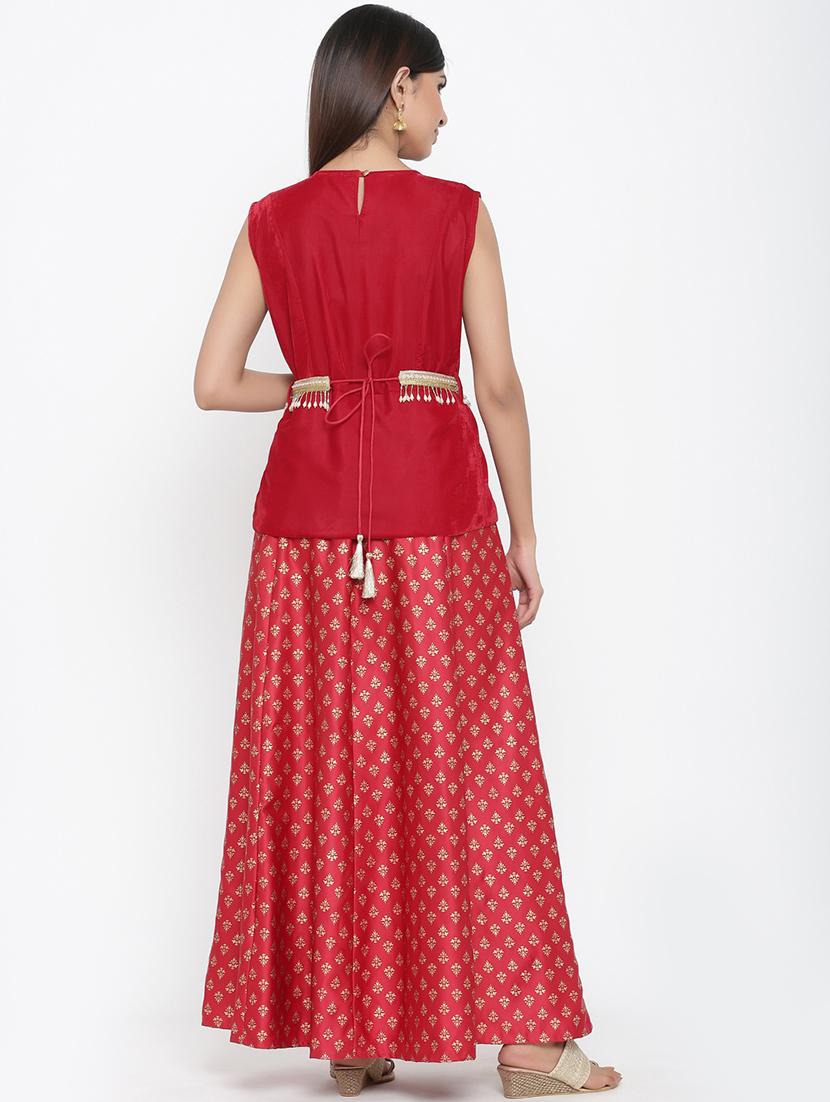 embroidered foil printed fit & flare gown - 17381941 - Standard Image - 2