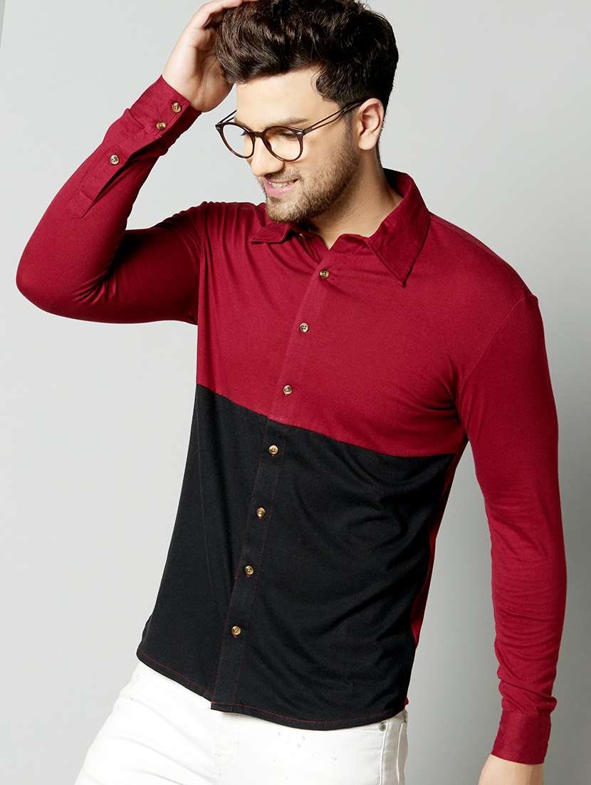 maroon color block casual shirt