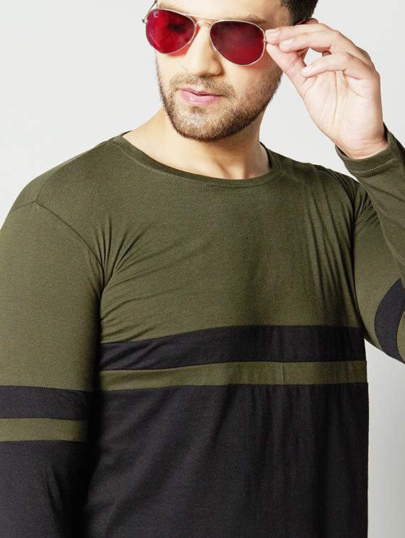 olive green color block cut & sew t-shirt - 17383299 - Standard Image - 2
