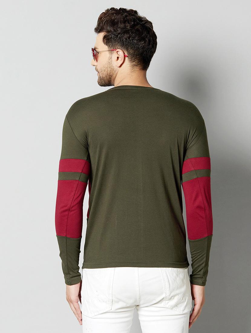 olive green color block cut & sew t-shirt - 17383303 - Standard Image - 2