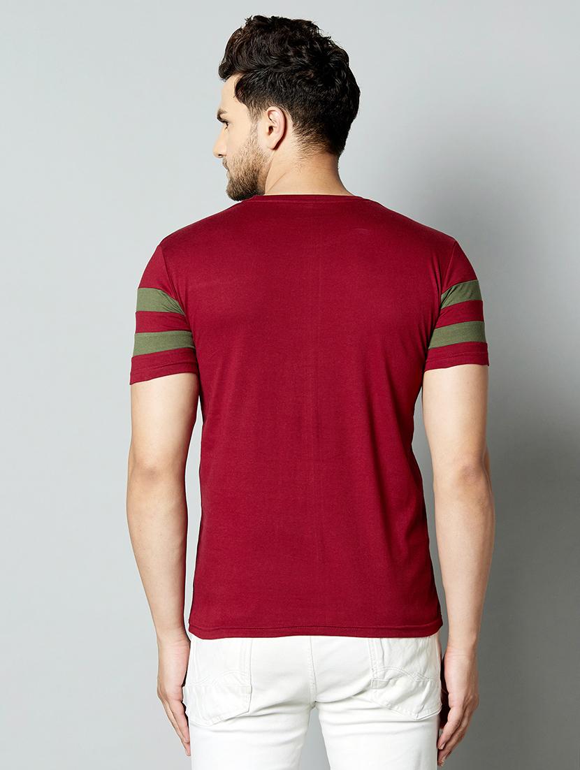 maroon color block round neck t-shirt - 17383330 - Standard Image - 2