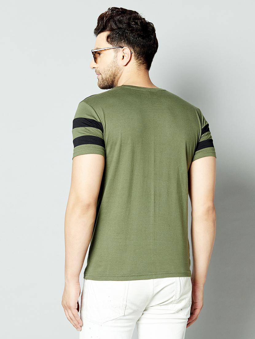 olive green color block cut & sew t-shirt - 17383332 - Standard Image - 2