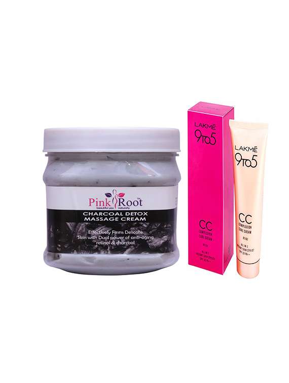 pink root charcoal massage cream with lakme 9to5 cc cream
