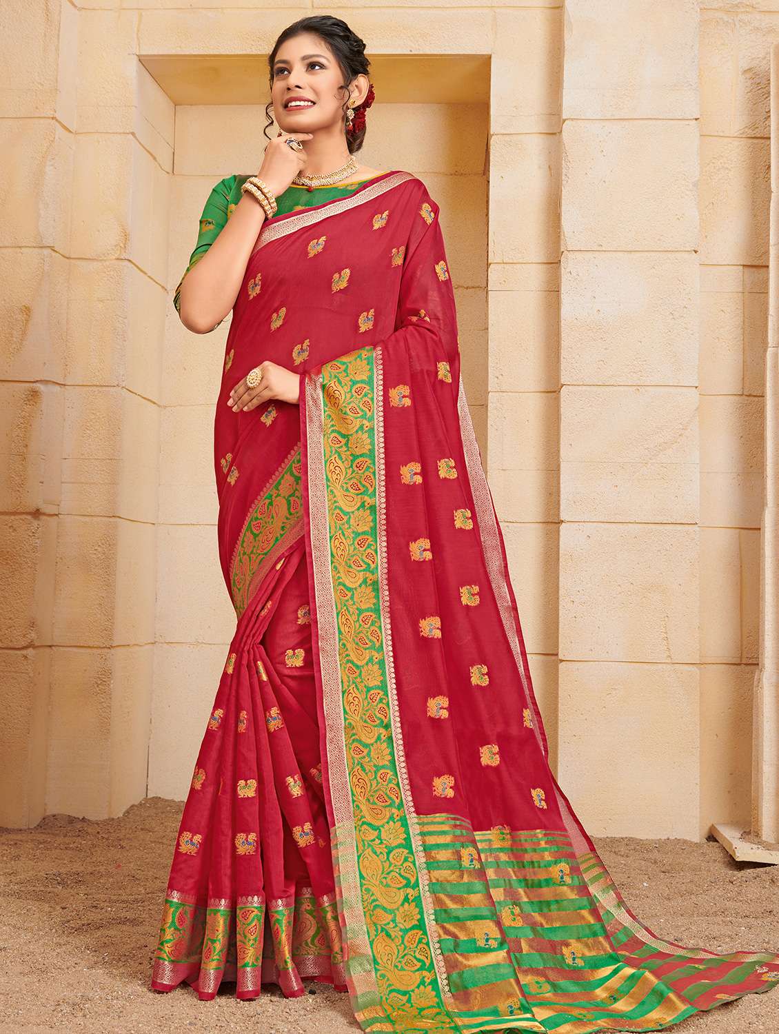 women's self design red colored saree with blouse