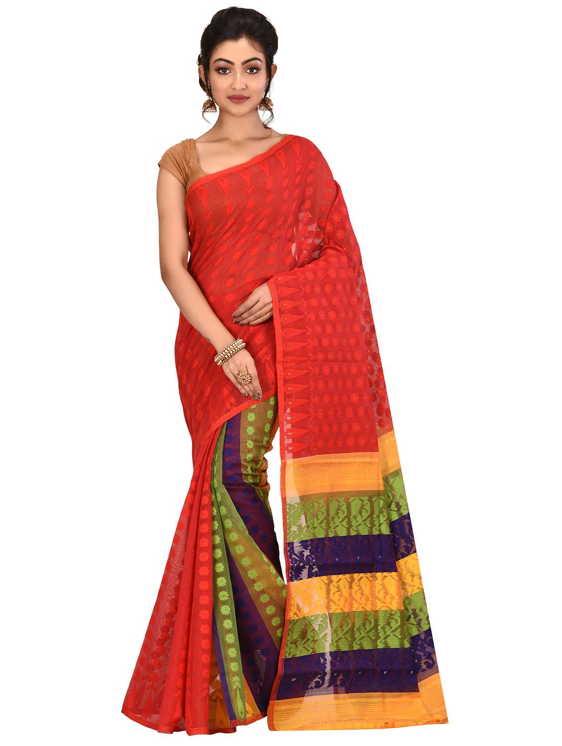 women's self design red colored saree