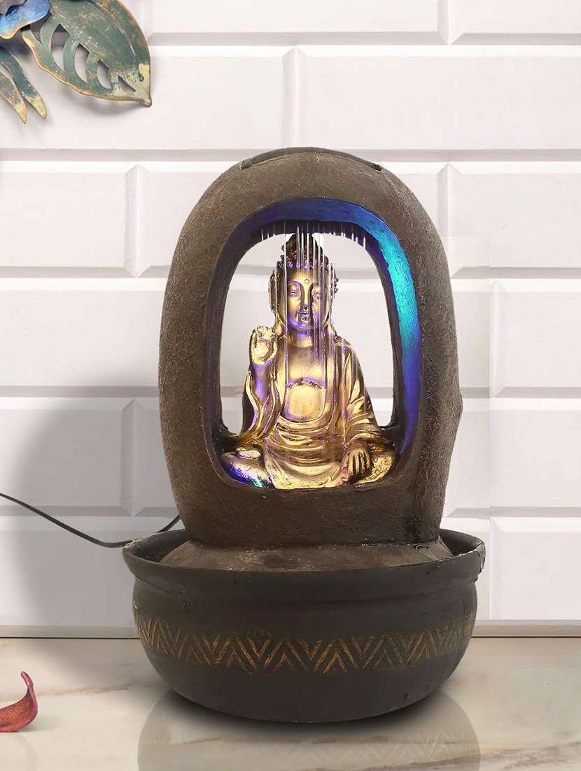  polyresin golden brown buddha one step indoor table top water fountain with adjustable speed control 