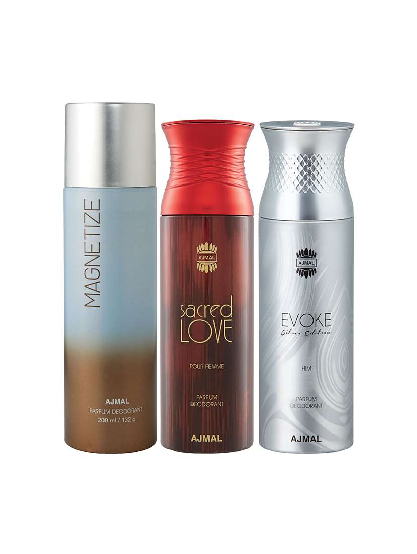 ajmal 1 magnetize for unisex,1 sacred love for women,1 evoke silver for men deodorants combo pack of 3(total 600ml)+3 testers