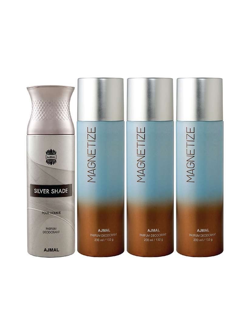 ajmal 1 silver shade for men and 3 magnetize for unisex  deodorants each 200ml combo pack of 4 (total 800ml) + 3 testers