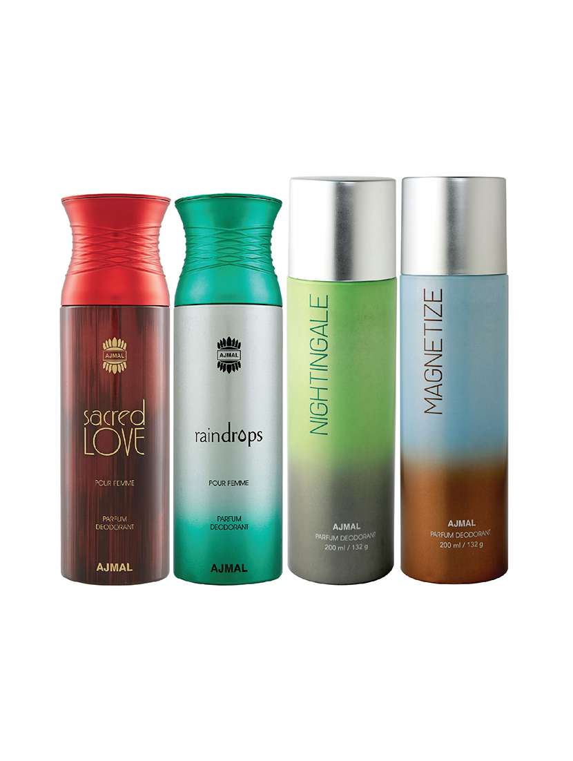 ajmal 1 sacred love for women,1 raindrops for women,1 nightingale,1 magnetize unisex pack of 4 deos(total 800ml)+3 testers