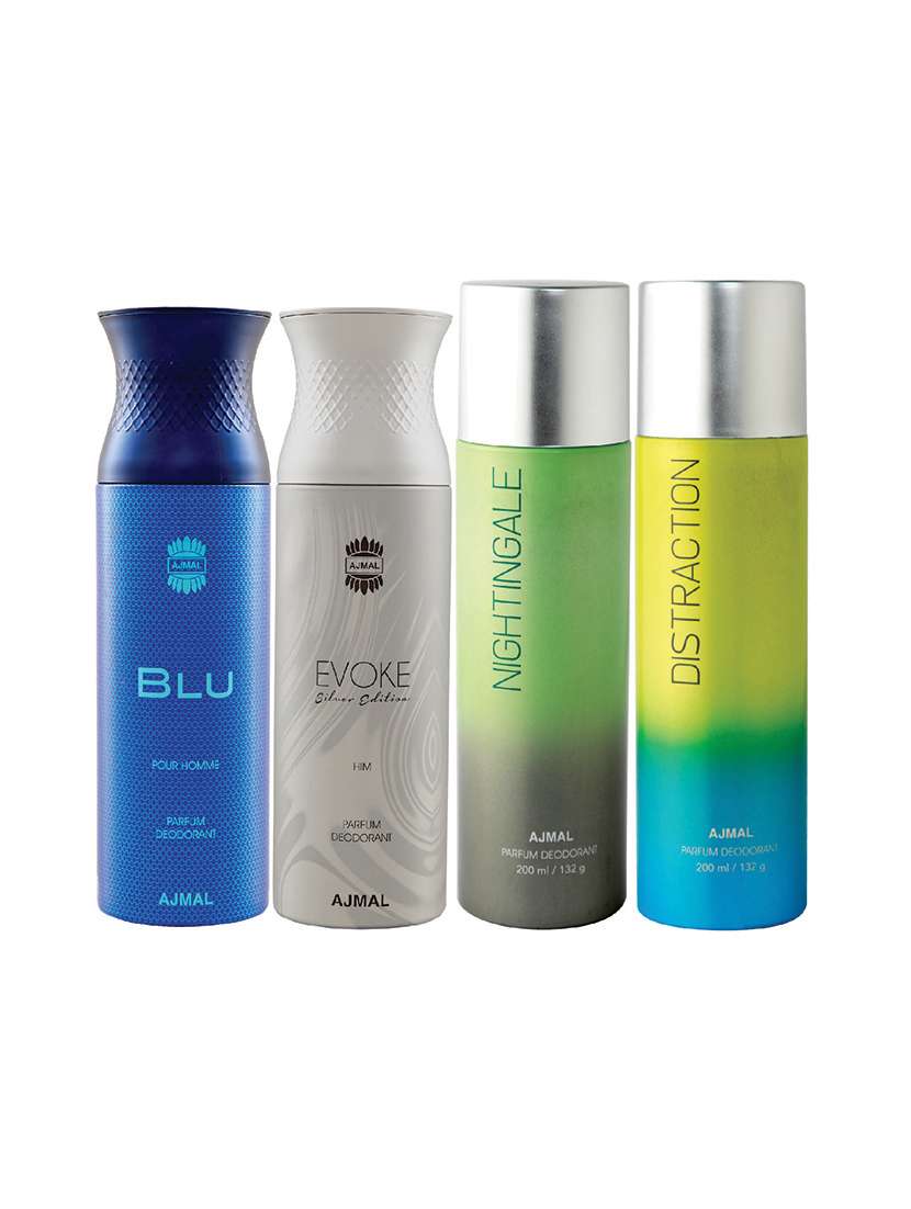 ajmal 1 blu homme, 1 evoke silver edition for him, 1 nightingale and 1 distraction deodorants pack of 4 + 3 parfum testers