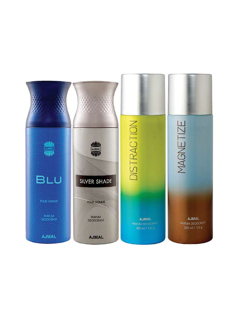 ajmal 1 blu for men,1 silver shade for men,1 distraction,1 magnetize unisex deodorant combo pack of 4(total 800ml)+3 testers