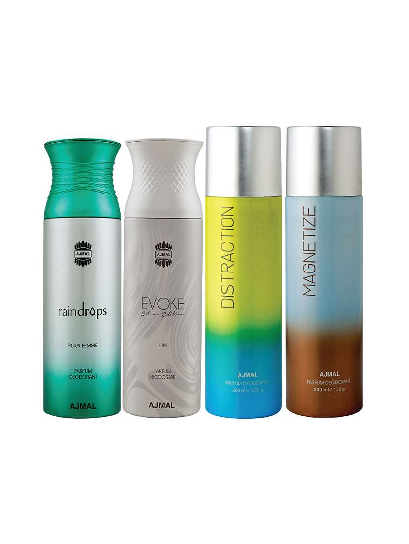 ajmal 1 raindrops , 1 evoke silver edition for him , 1 distraction and 1 magnetize  deodorants pack of 4 + 3 parfum testers