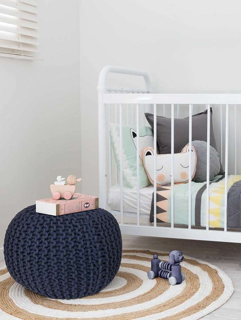 sheen décor knitted round pouffe in navy blue color  size(17x17x16 inches)