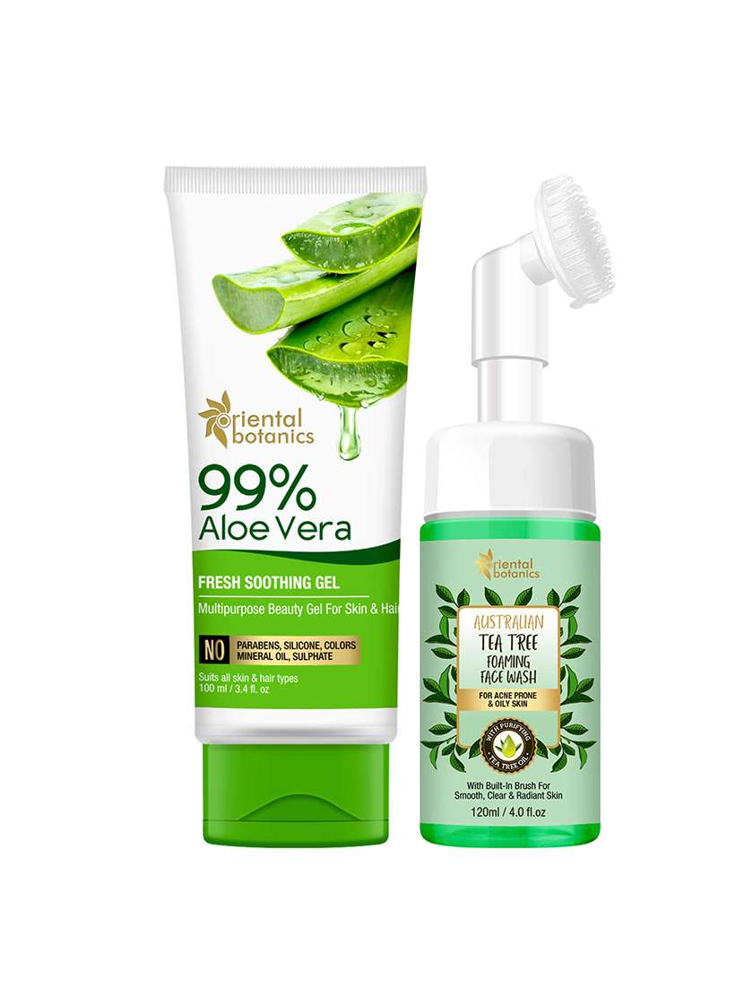 oriental botanics soothing skin care combo | 99% aloe vera gel 100ml + tea tree foaming face wash 120ml