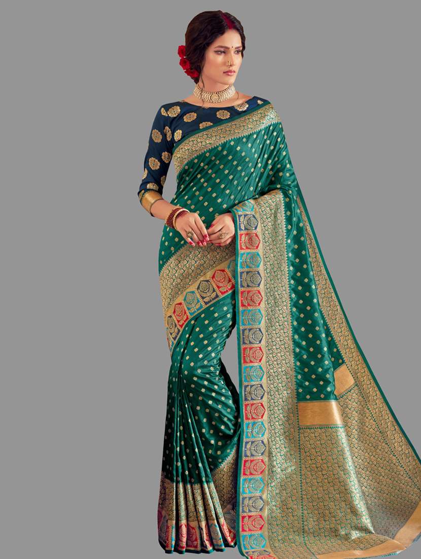women's self design sea green colored saree with blouse
