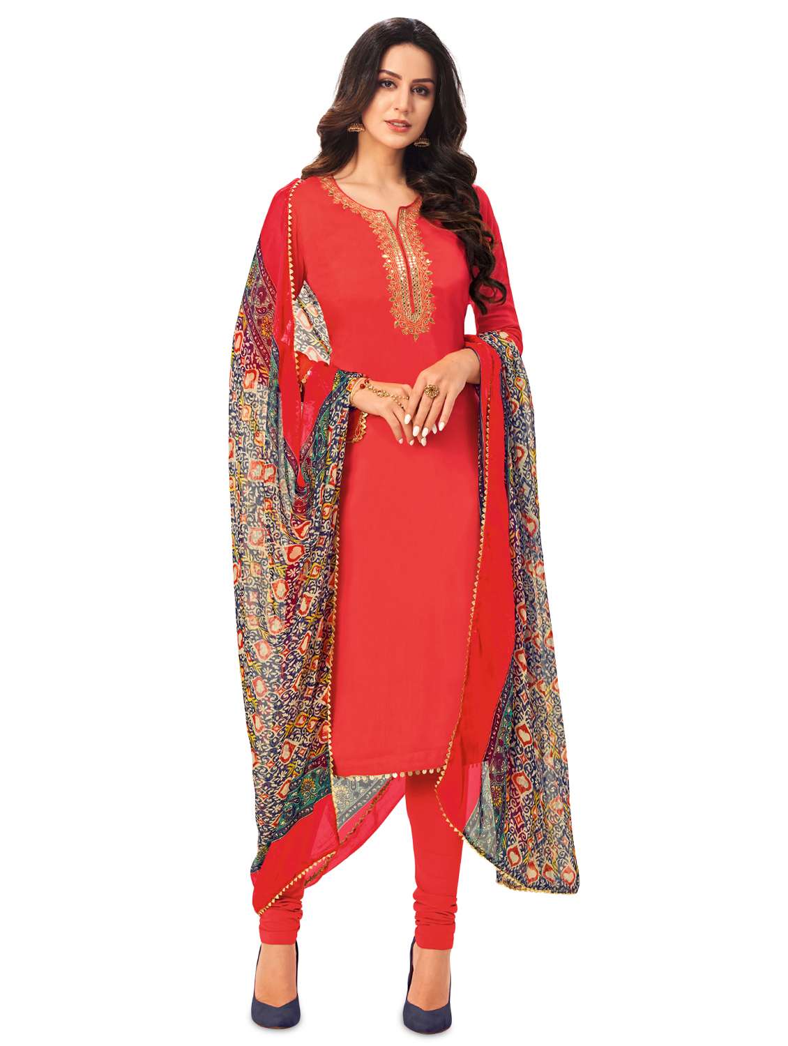 red cotton blend unstitched suit