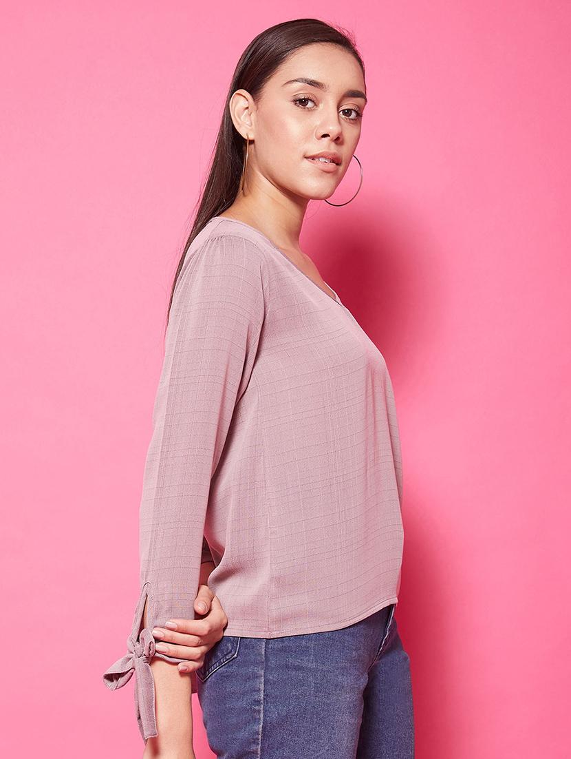 tie up sleeves checkered top - 17424528 - Standard Image - 2
