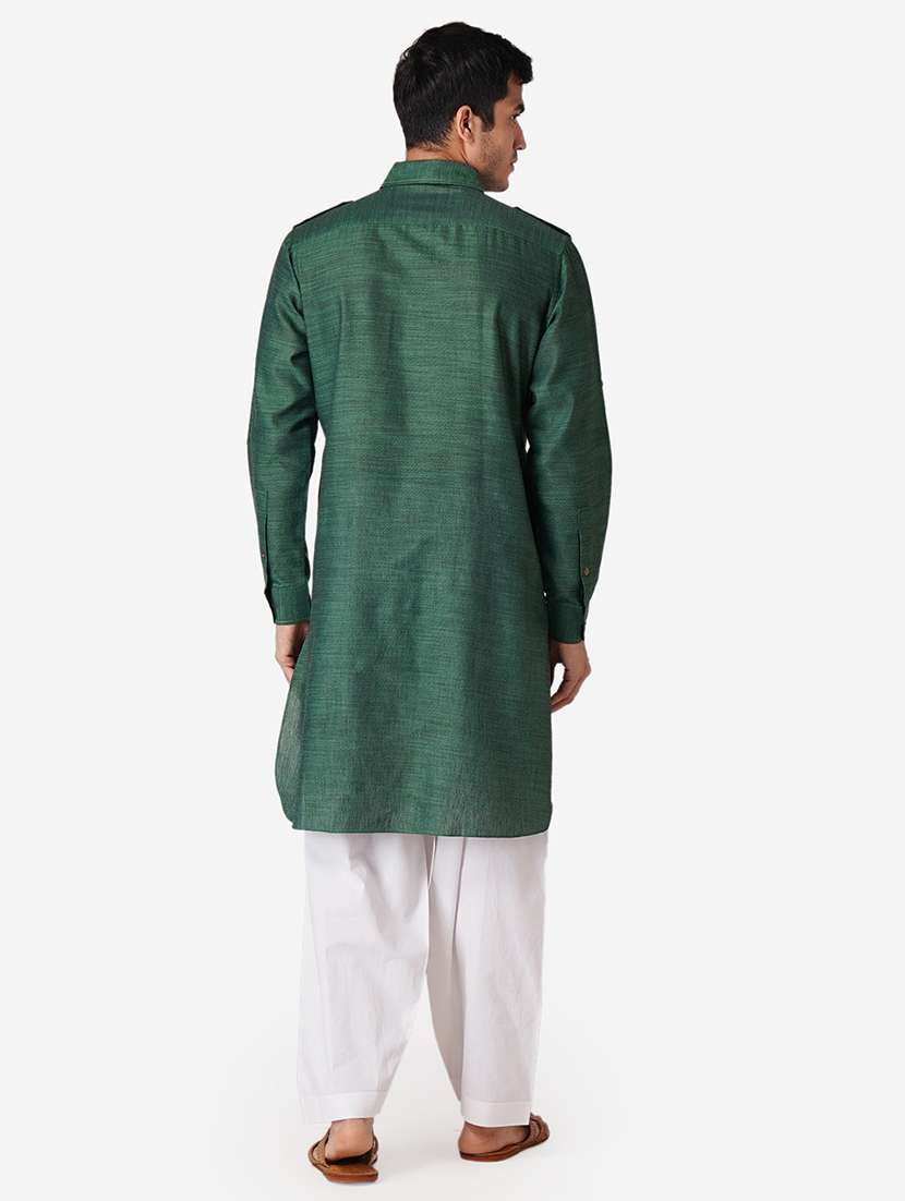 bottle green solid woven pathani kurta - 17424625 -  Standard Image - 2