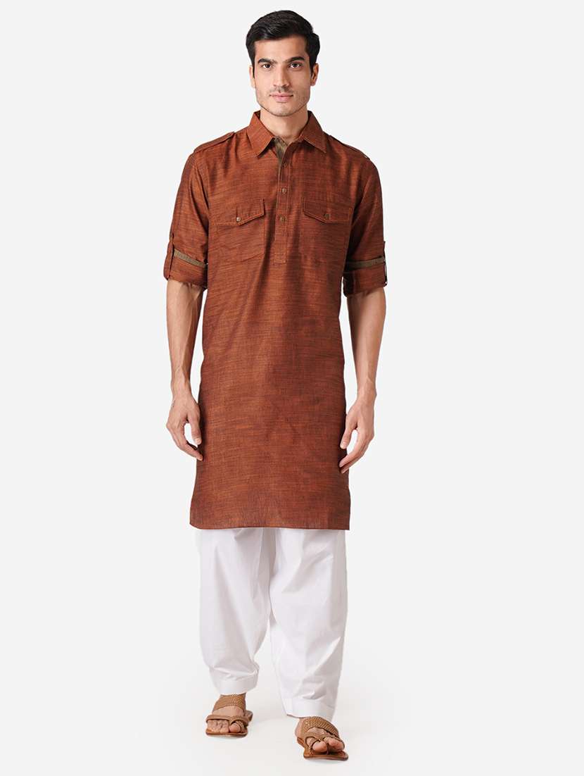 brown solid woven pathani kurta