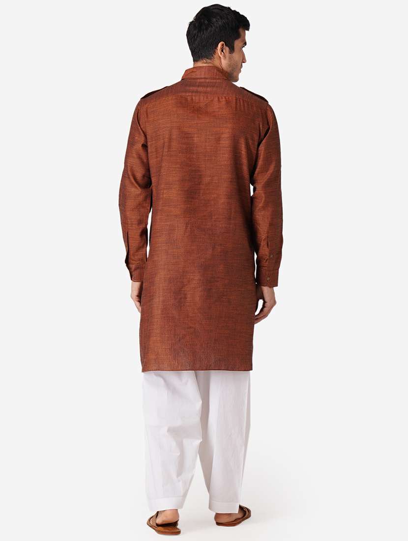 brown solid woven pathani kurta - 17424626 - Standard Image - 2