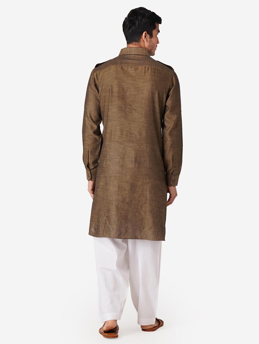 khaki solid woven pathani kurta - 17424627 - Standard Image - 2