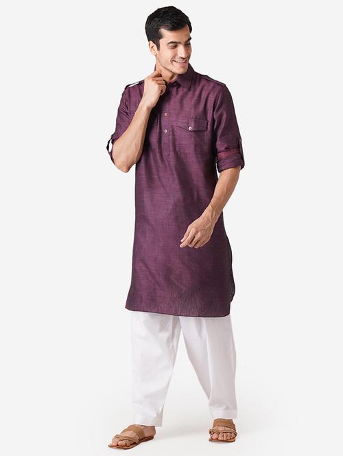 purple solid woven pathani kurta - 17424630 - Standard Image - 0