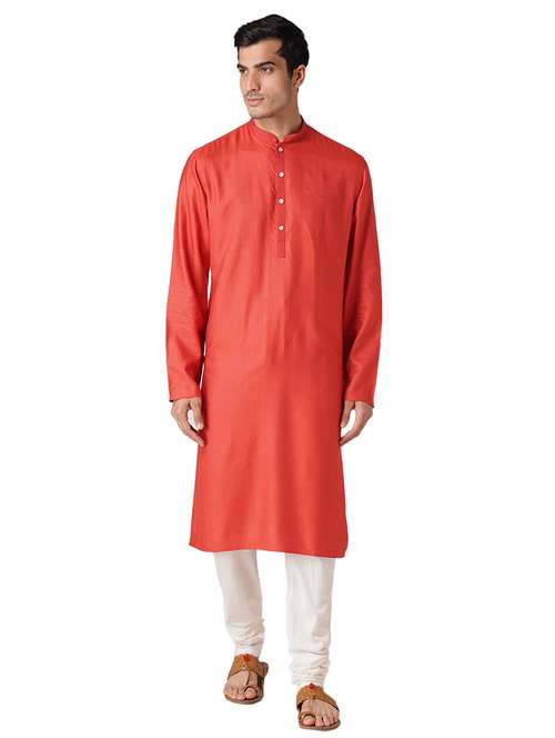 red solid silk blend long kurta - 17424644 - Standard Image - 0