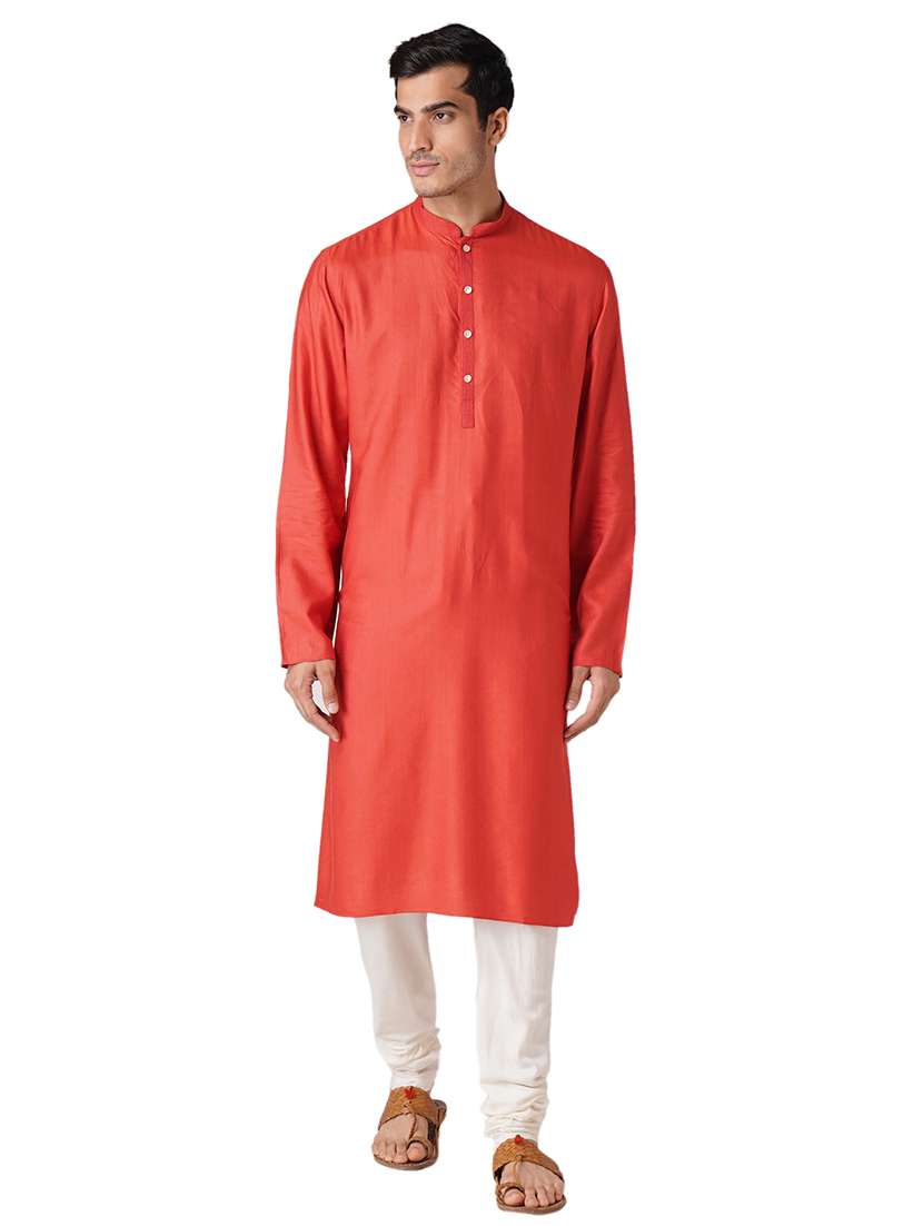 red solid silk blend long kurta - 17424644 - Zoom Image - 0