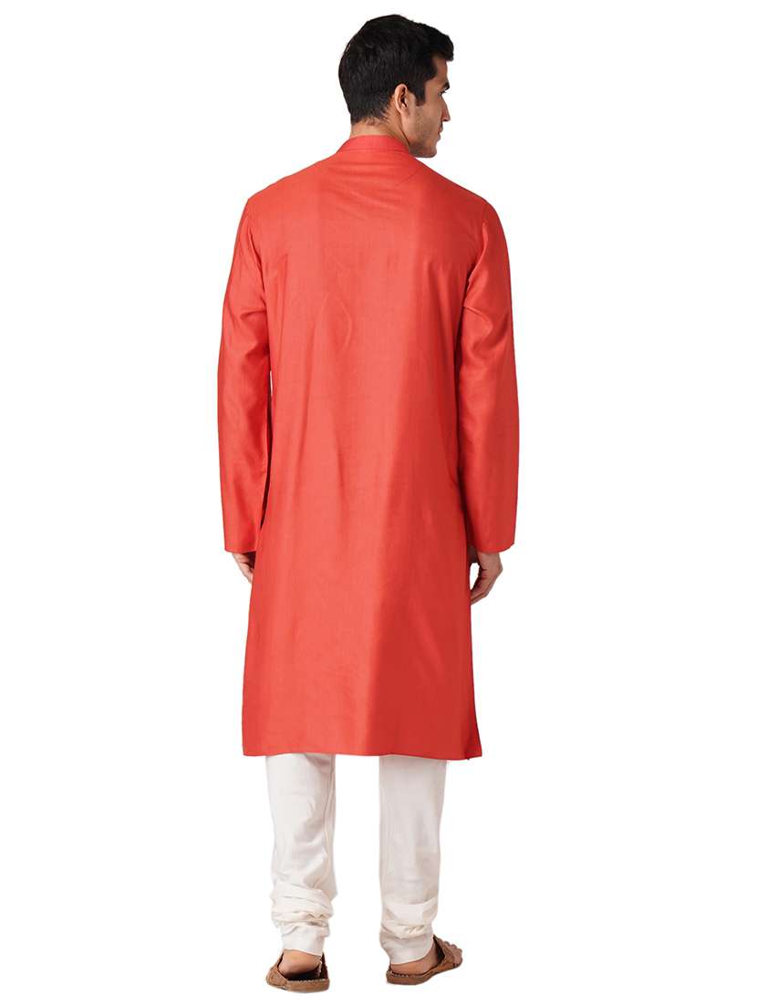 red solid silk blend long kurta - 17424644 - Standard Image - 2